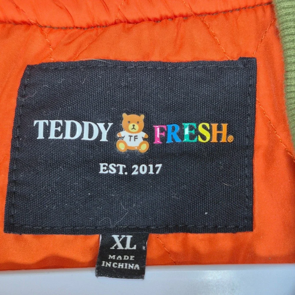 Teddy Fresh Bomber Jacket Mens XL Green Orange Flame‎ Print Streetwear